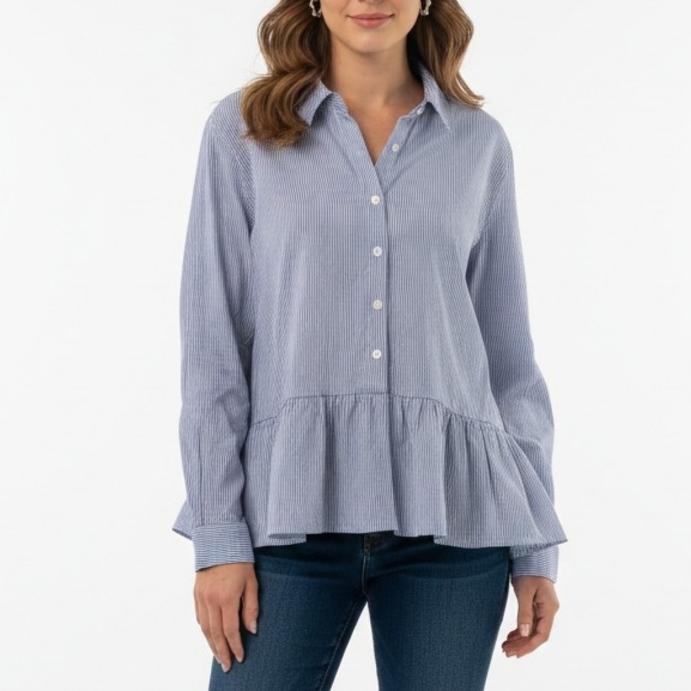 Birds of Paradis by Trovata Blue & White Striped Peplum Shirt - Large